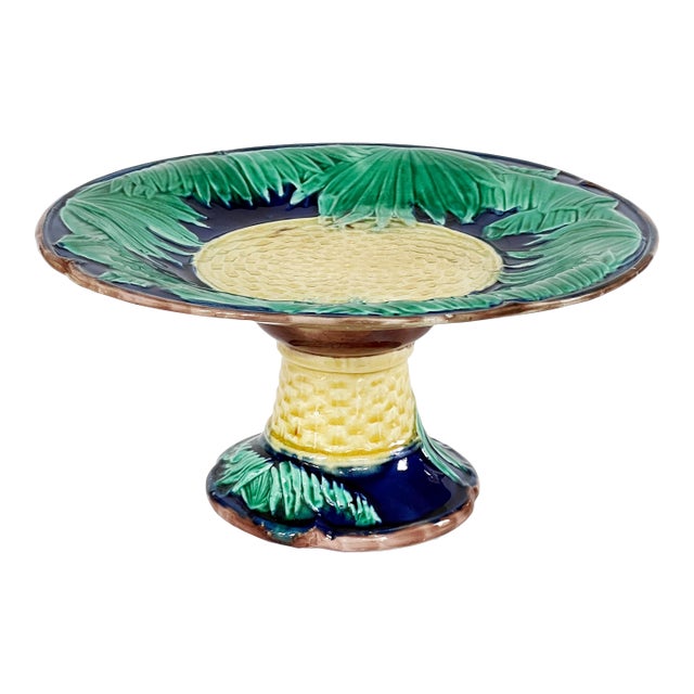 Antique 19th C Majolica Ferns & Fauna W/Yellow Basketweave & Cobalt Blue Compote C1880s For Sale