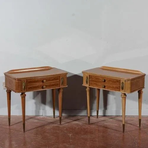 Pair of his and hers bedside tables with brass elements, italy 1960: other feet with worked brass tips, two drawers with...