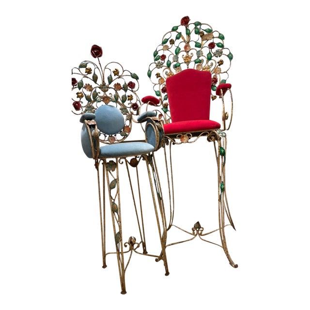 Vintage Ornate French Iron Artist's Chaise Seats From Lyon, France, Colorful Rose, Flowers & Leaves Motif- Set of 2 For Sale