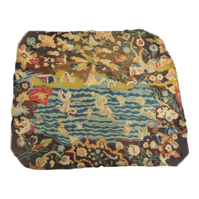 Large Antique Blue and Brown Needlepoint Tapestry Panel For Sale