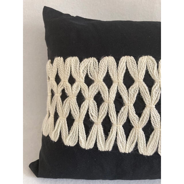 Folk Art Contemporary Black & White Trellis Embroidered Taffeta Lumbar Pillow Cover For Sale - Image 3 of 6