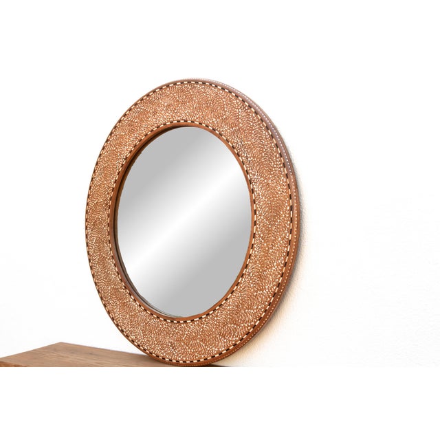 Wood 48" Dm Walnut Finish Round Inlay Mirror For Sale - Image 7 of 8