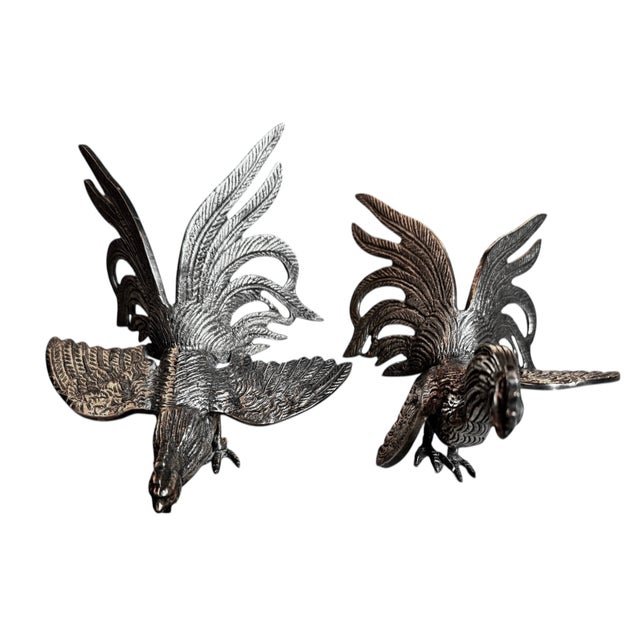 Mid 20th Century Iberian Silvered Brass Fighting Cockerels For Sale In Austin - Image 6 of 13