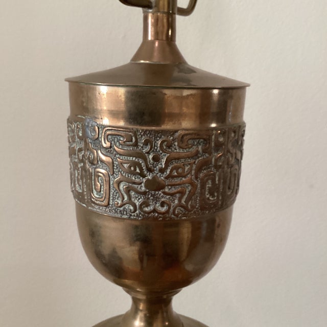 Vintage Asian Inspired La James Mont Style Intricately Carved Heavy Brass Lamp Circa 1940 For Sale - Image 4 of 12