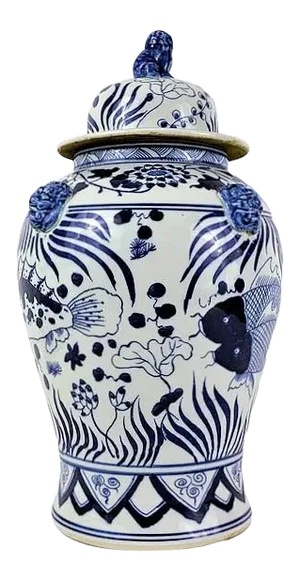 Contemporary Vintage Blue & White Chinoiserie Koi Ginger Jar
