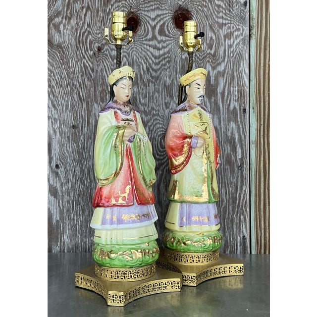 Mid 20th Century Vintage Asian Glazed Ceramic Emperor Lamps - a Pair For Sale - Image 5 of 5