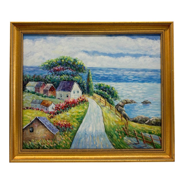 1980s Framed Impressionist Coastal Village Landscape Painting For Sale