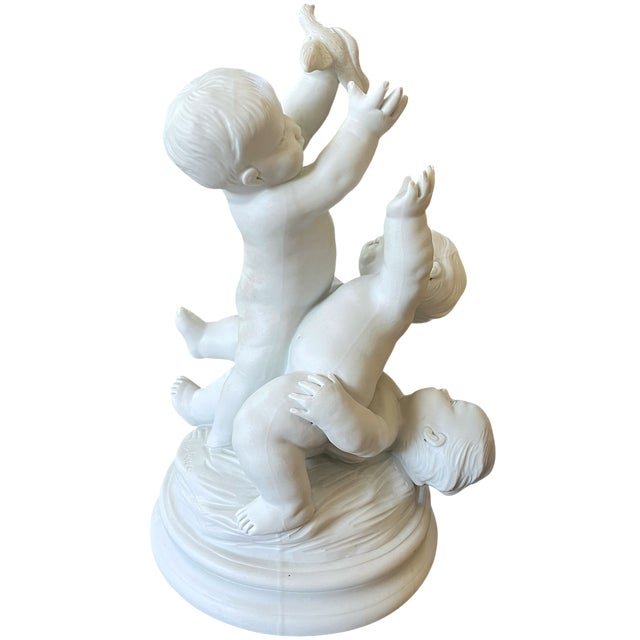 Late 19th Century Antique Edmé Samson Paris White Bisque Porcelain Sculpture of Three Children With a Bird For Sale - Image 5 of 16