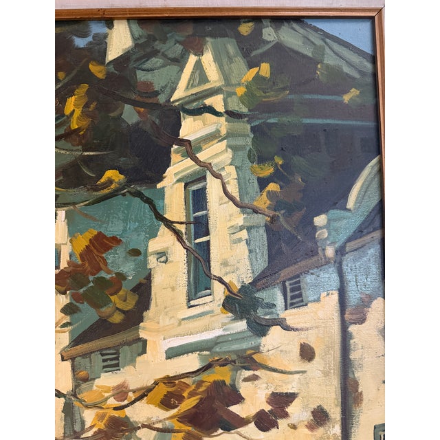 Vintage Mid Century Impasto Oil Painting, Historic House in Autumn, Signed S. Harper, Carved Gold Frame For Sale - Image 9 of 12