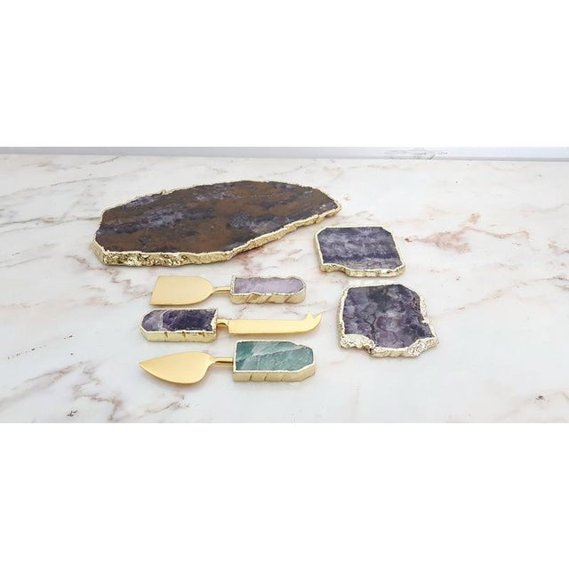 Modernist Agate Cheese Board Set with Knives and Coasters, India, Set of 6 For Sale - Image 3 of 10