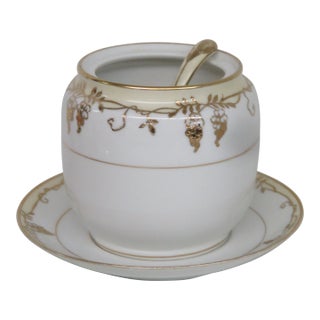 Nippon Hand Painted Porcelain Jam Jar With Spoon and Plate 4578b For Sale