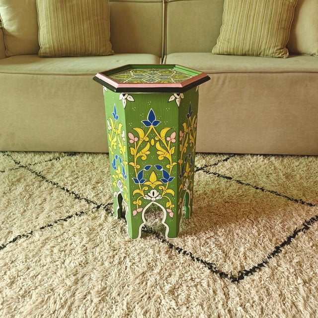 Art Deco Moroccan Hexagonal Hand Painted Wooden Side Table in Green Color For Sale - Image 3 of 5