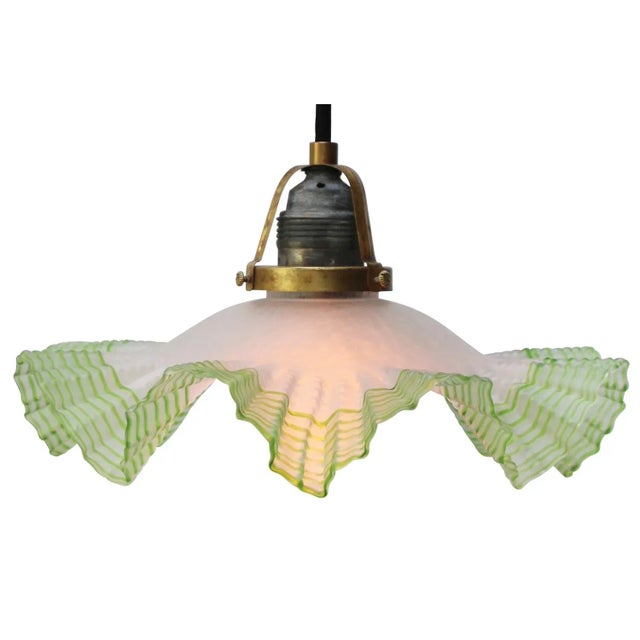1920s Art Nouveau French Green Frosted Glass Pendant Light, 1920s For Sale - Image 5 of 9