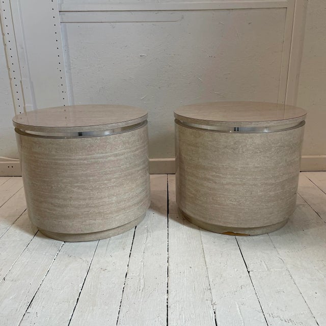 1980s Travertine Laminate Drum Side Tables With Chrome Trim - a Pair For Sale - Image 13 of 13