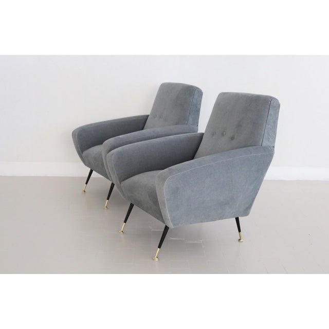 Set of Italian Armchairs in Blue Grey Velvet, 1950s For Sale - Image 18 of 18