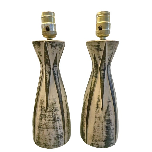 1950s Molded Ceramic Table Lamps, Hand Painted With Embossed Pattern - a Pair For Sale