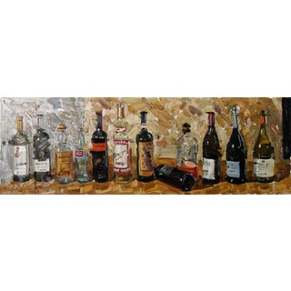 Apostles by Clyde Steadman | Oil Painting of various wine bottles on a table For Sale