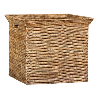 Square Country Style Vintage Rattan Storage Box with Integrated Side Handles For Sale