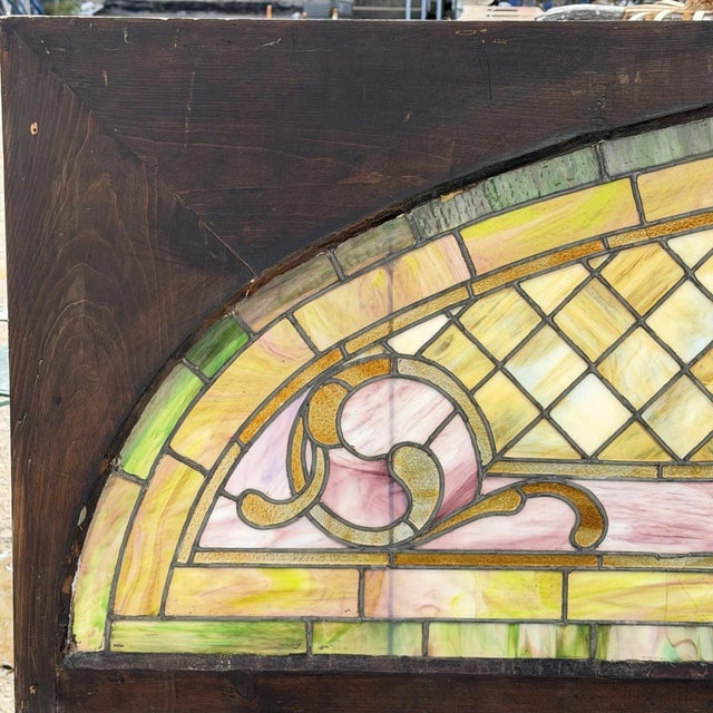 Antique Art Nouveau Colored Stained Glass Fruit 27 X 75 Arched Transom Window, B For Sale - Image 4 of 18