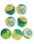 Set of seven vibrant 1960s fiberglass drink coasters, each featuring a different abstract floral design in cheerful shades...