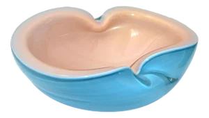 Italian Murano Clear Turquoise Blue & Light Peach Blown Art Glass Bowl 1960