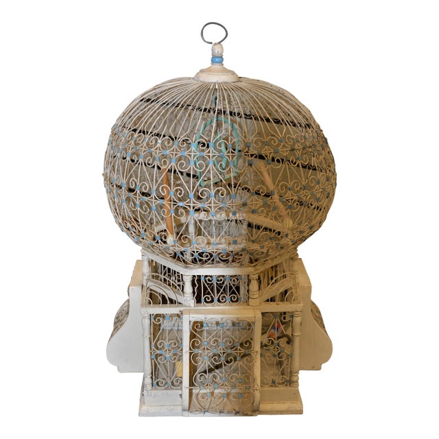 Vintage 1960s Dome Top Balloon Birdcage Cream Blue Wire / Metal & Wood Tunisian Moroccan For Sale