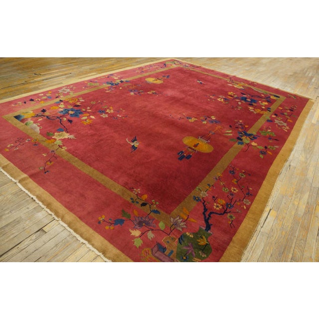 1920s Stunning Red-Raspebery Background Color With Colorful Floral Design Antique Chinese Art Deco Rug For Sale - Image 5 of 10