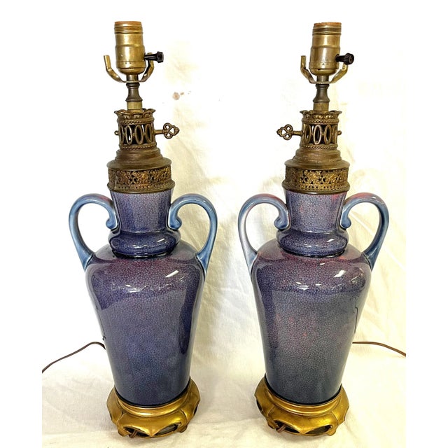 Traditional Vintage Ceramic Amphora Handled Vase Lamps With Purple Floral Decoration- a Pair For Sale - Image 3 of 12