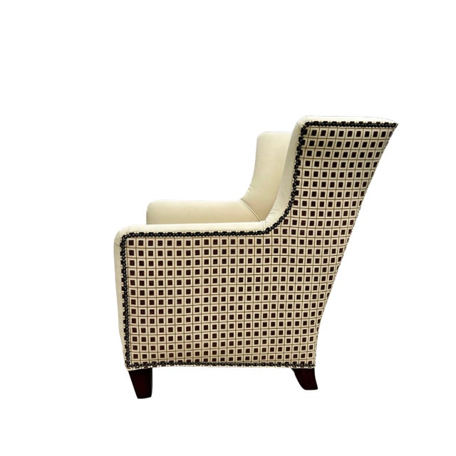 Vintage Henredon Acquisitions Collection Leather Wingback Chairs – Ivory Leather, Geometric Upholstery & Nailhead Trim For Sale - Image 9 of 12