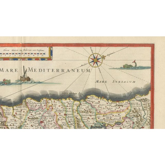 Paper Holy Land Map with Terra Sancta Palestina from Blaeu, 1642 For Sale - Image 7 of 12