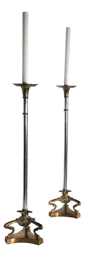 Pair of Chrome and Brass Candlestick Lamps Att. To Maitland Smith C.1970/80’s