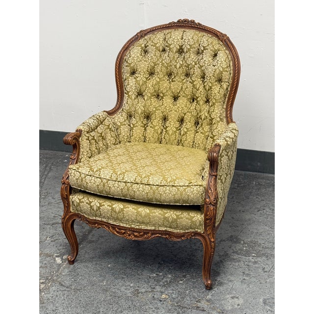 French Louis XV Style Tufted Bergère Armchair, Vintage For Sale - Image 3 of 12