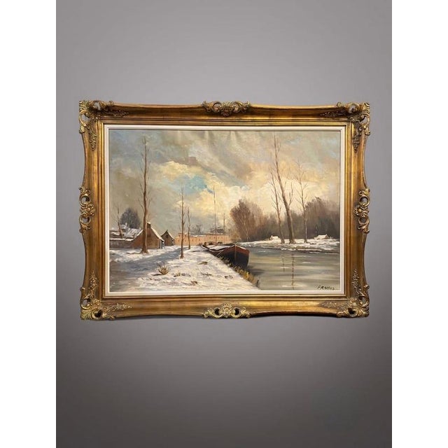 Dutch School, Winter River Landscape, Oil Painting For Sale - Image 4 of 4