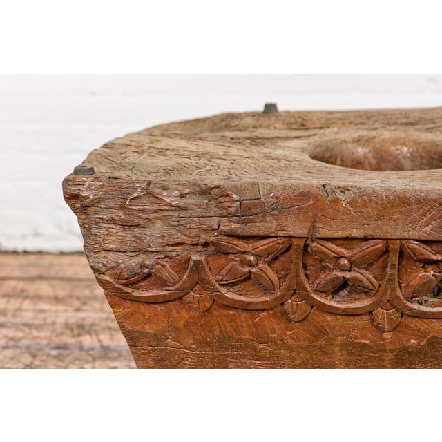 19th Century Teak Wood Primitive Mortar Converted into Coffee Table with Carved Rosettes For Sale - Image 10 of 12