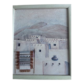 Original Painting of a Pueblo Scene. Textured Oil With Mixed Media, Rug Is Wool. Signature Appears to Say “Pilar”. Likely From 1980s. For Sale