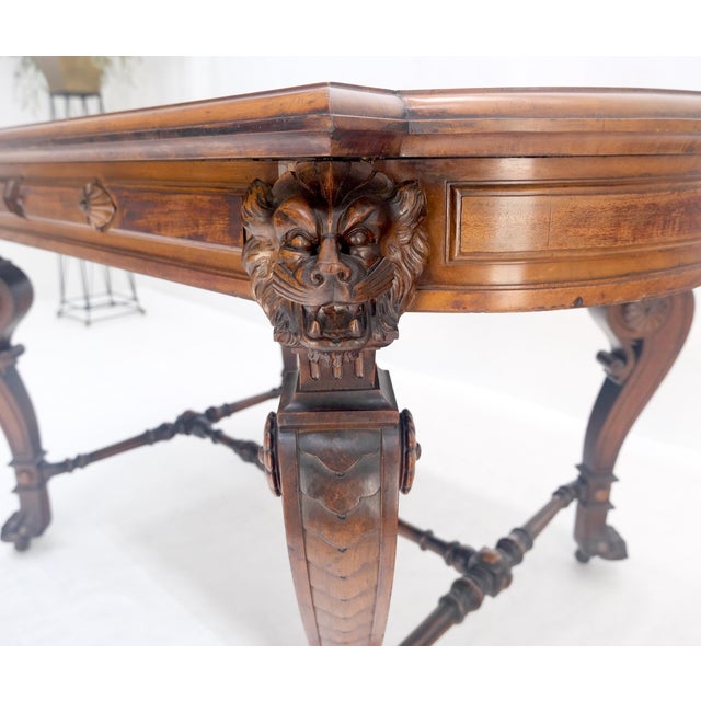 Carved Lion Face & Foot Legs Renaissance Revival Inlaid Walnut Center Table MINT For Sale - Image 15 of 16