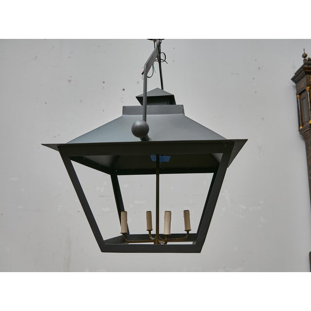 Contemporary Pair of Large Iron Lanterns with Four Lights and Architectural Design For Sale - Image 3 of 12