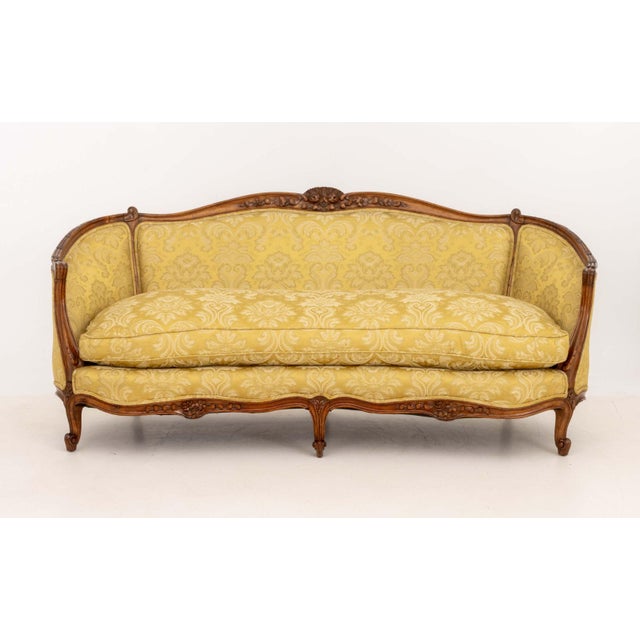 Louis XV Yellow Silk Damask Upholstered Walnut Sofa For Sale - Image 9 of 12