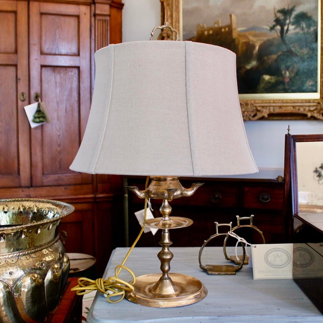 English Antique Continental Brass Oil Lamp For Sale - Image 3 of 11