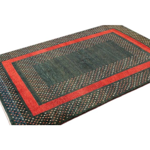 Modern Persian Gabbeh Handmade Green Geometric Wool Rug For Sale - Image 4 of 10