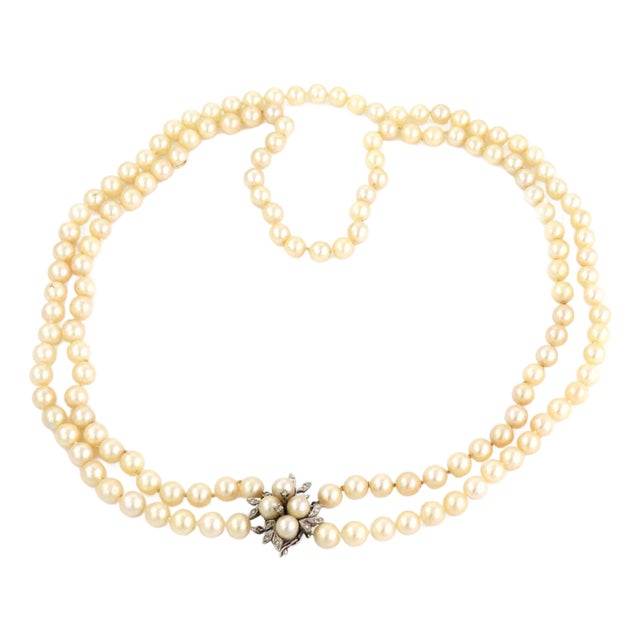 Vintage Diamond Pearl 14k White Gold Double Strand Necklace For Sale