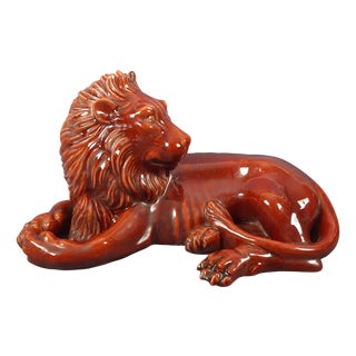 Iridescent Majolica Lion Sculpture, 1950s For Sale