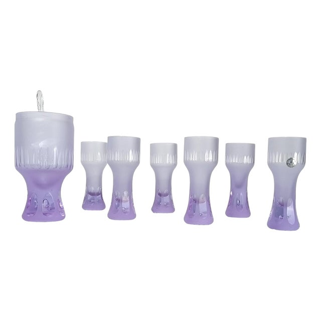 Long Space Age Drink Tumbler Glasses & Jug Set in Pale Lilac Frost Crystal, 1960s, Set of 7 For Sale