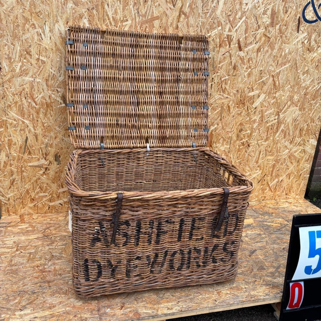 1920’s original english wicker baskets. Oversized industrial storage baskets retaining original faded branding. Handmade...