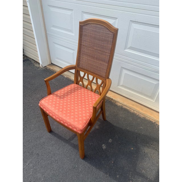 1970s Set of 8 Vintage Cane Back Dining Chairs With Coral Upholstery, Mid-Century Regency Style For Sale - Image 5 of 7