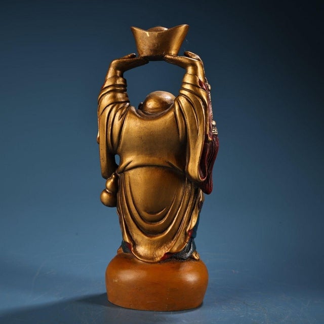 Traditional Vintage Gilt Bronze Standing Maitreya Buddha Holding Gold Ingot For Sale - Image 3 of 9