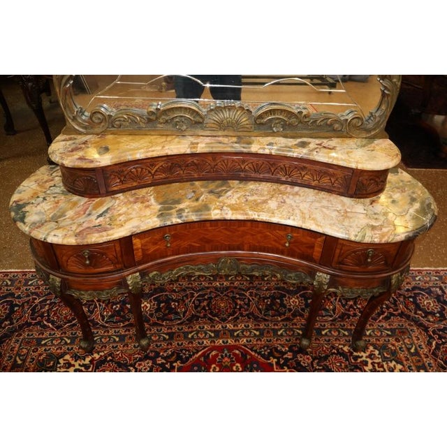 French Louis XV Style Inlaid Walnut Marble Top Etched Mirror Vanity Circa 1920's For Sale - Image 13 of 13