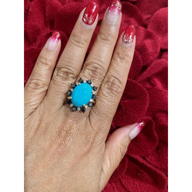 A unique stunner.....9.56 Carat Turquoise Black and White Diamond Yellow Gold Cocktail Ring This ring has a 7.93 Carat...