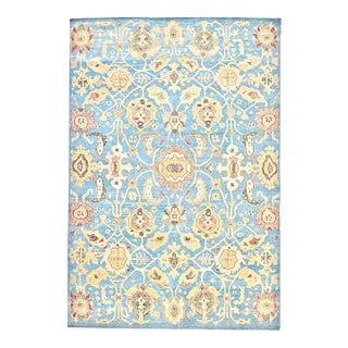 Afghan Sultanabad Wool 6x9 Light Blue & Tan Handmade Area Rug #1144039 For Sale