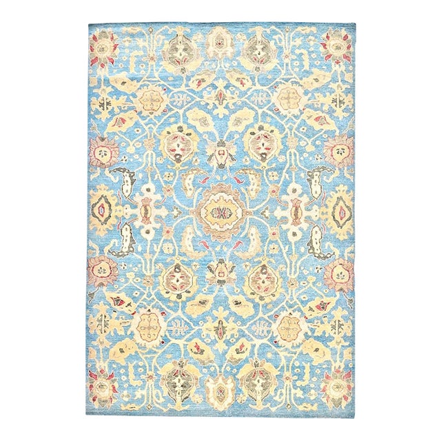 Afghan Sultanabad Wool 6x9 Light Blue & Tan Handmade Area Rug #1144039 For Sale